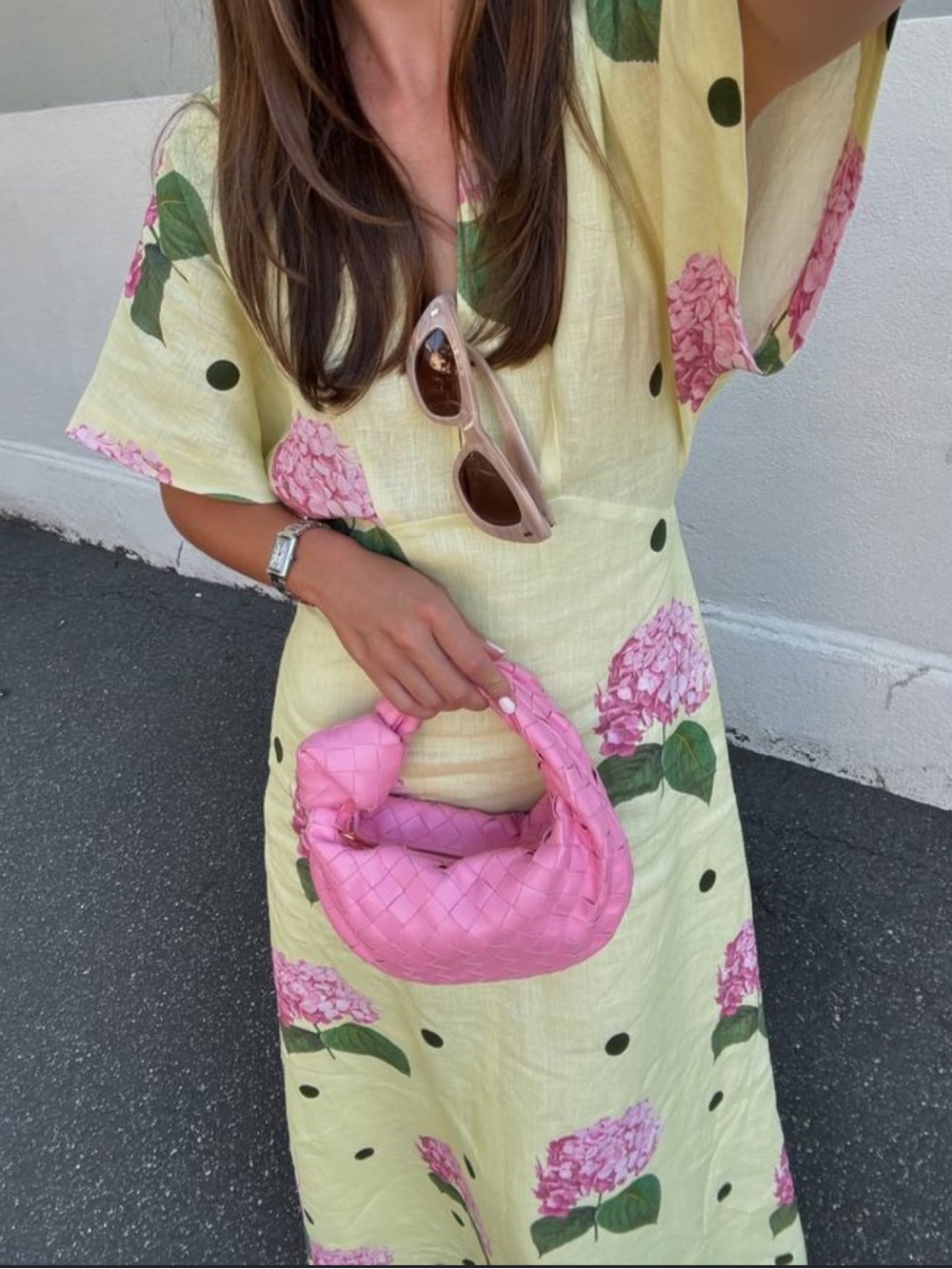 ASOS Yellow Floral Midi Dress with Pink Hydrangea Print
